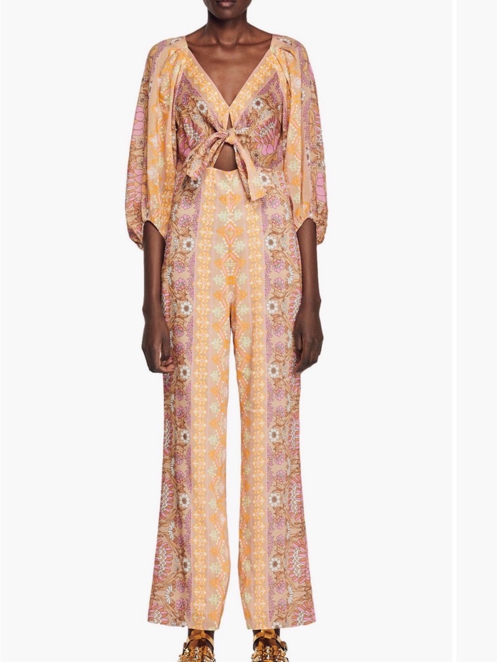 Sandro Peach and Pink Tie-Front Wide-Leg Jumpsuit Size 36 or 4/6
